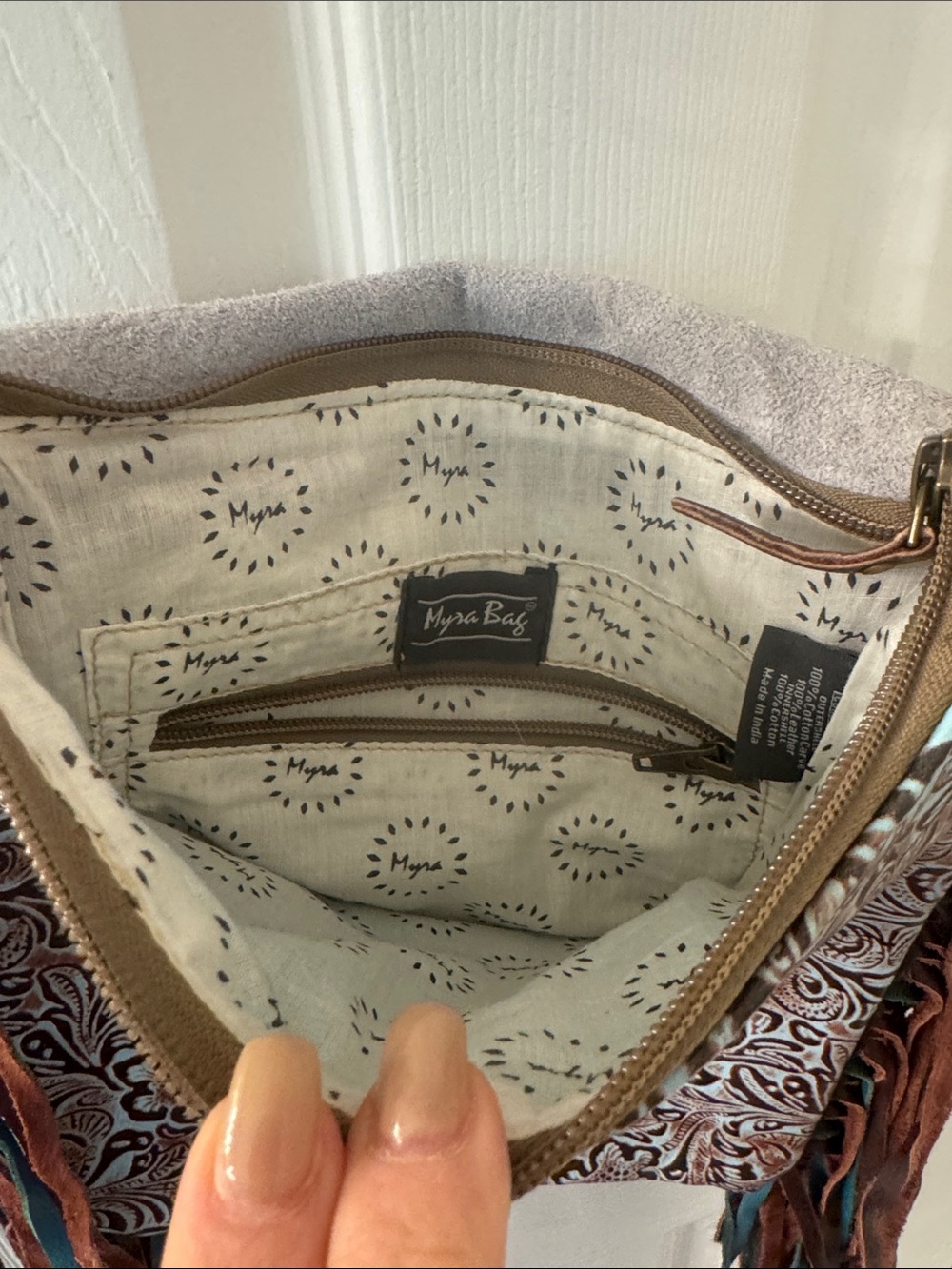 Fringe Leather Crossbody Bag with Cowhide Accent - Brown & White - Picture 3 of 5